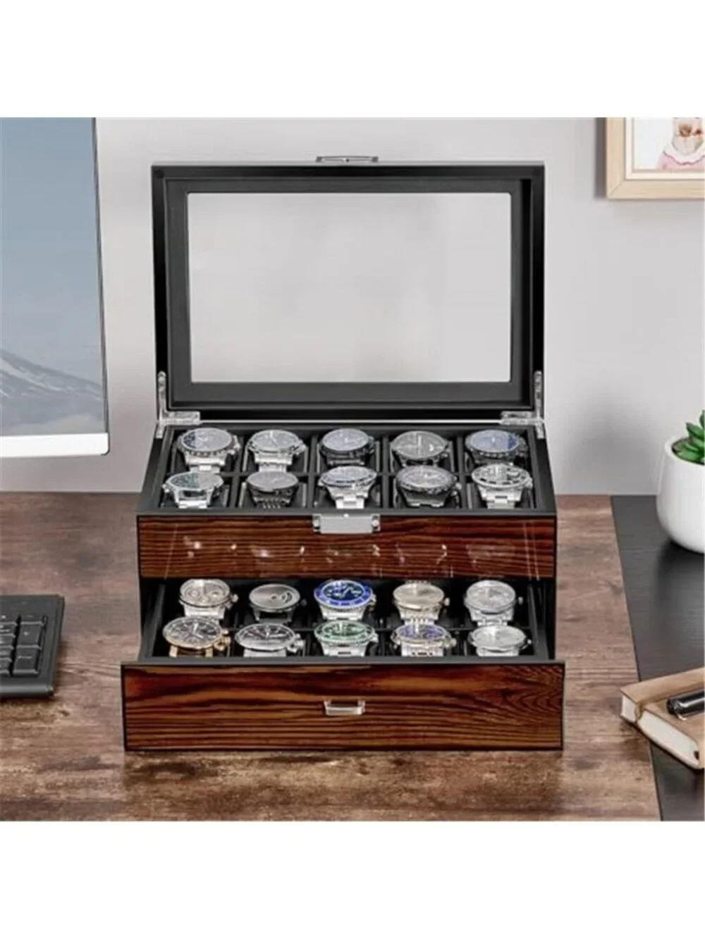 High-End Watch Box 20-Slot Wooden Watch Case with Large Glass Lid |